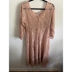La Chic Vintage Pink Lace Midi Dress Sheer Button Front Rose Buttons USA